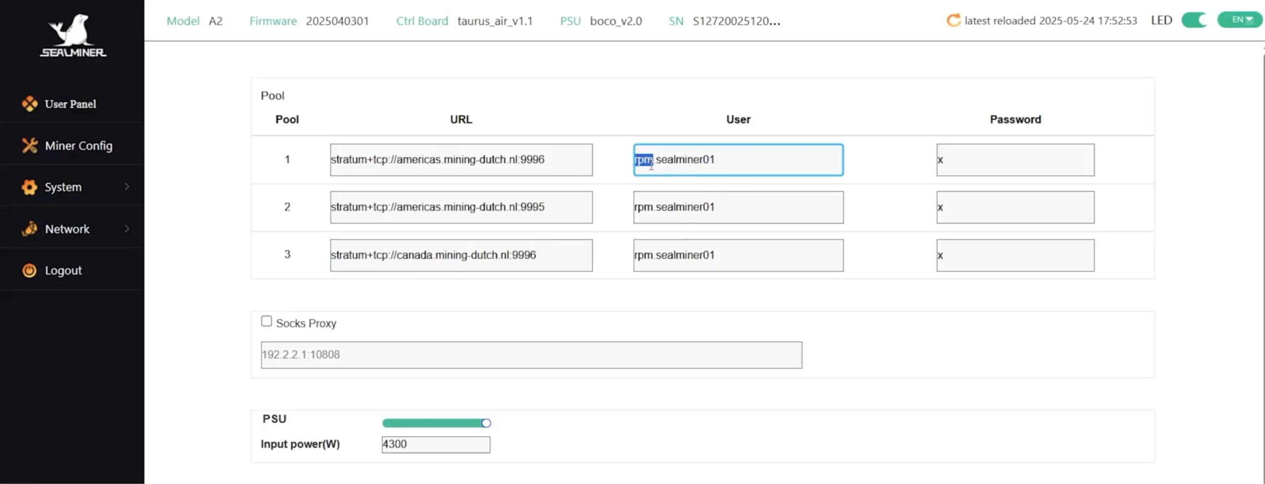 Now, input your Miner Name using the format YourUsername.WorkerName (e.g., RPM.SealMiner01).