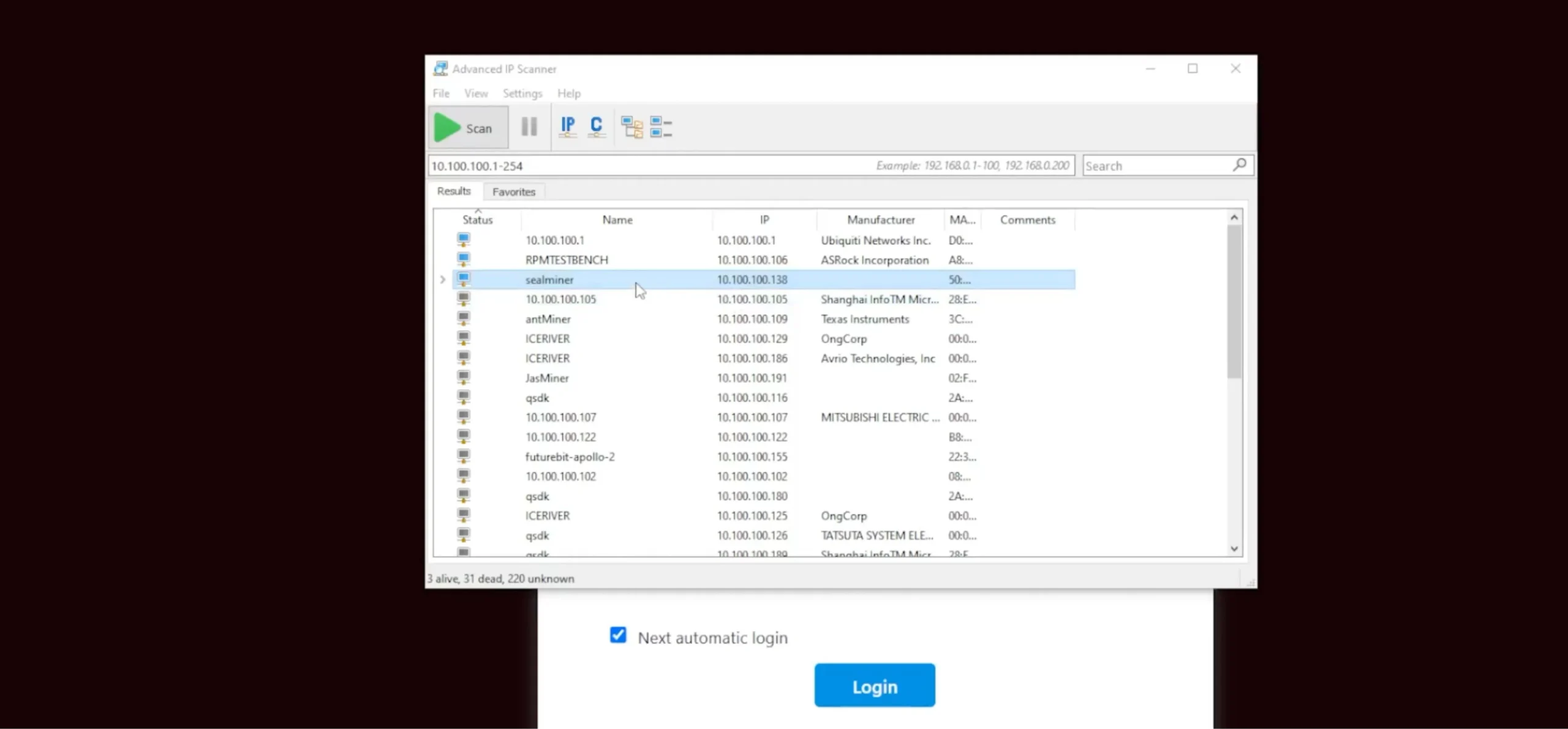Use a free tool like Advanced IP Scanner to detect the IP address labeled under the hostname “SealMiner”.