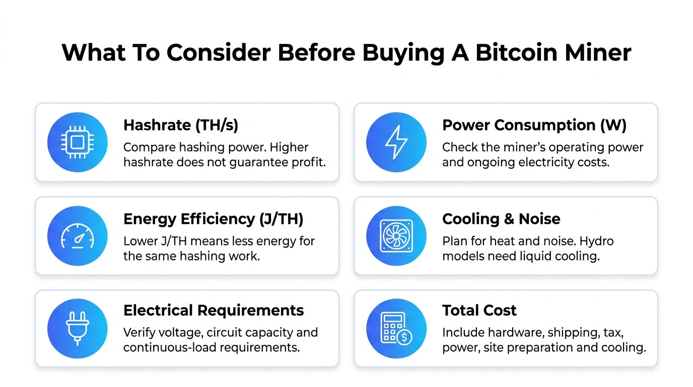 Bitcoin miner buying considerations: hashrate, power, efficiency, cooling, electrical requirements and total cost